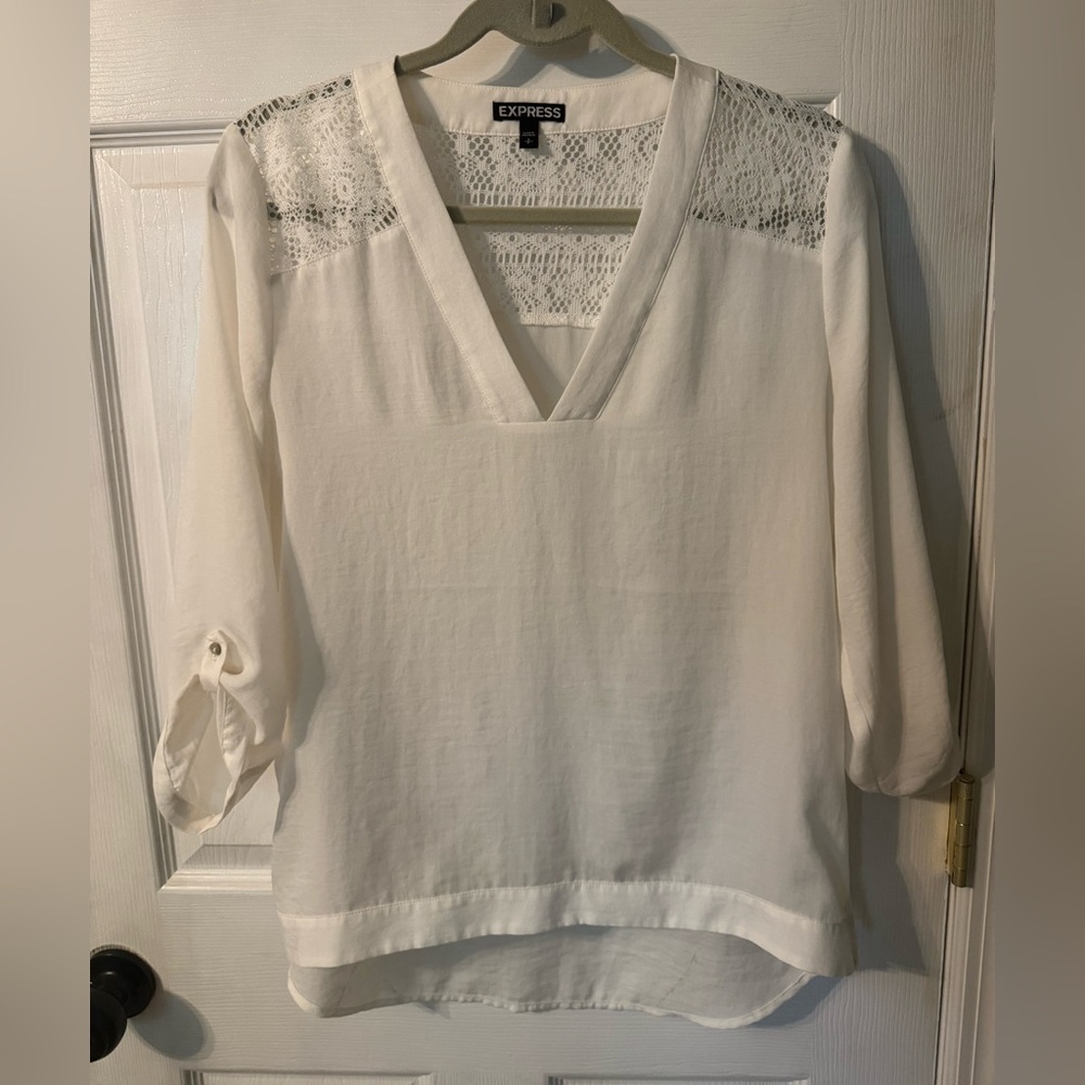 Express White Lace Yoke V-Neck Blouse